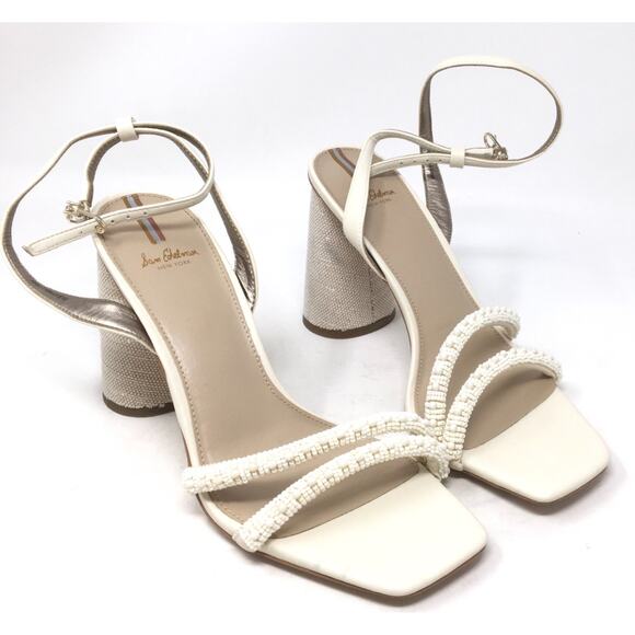Sam Edelman Kia Beads Women's Size 9.5 Modern Ivory Ankle Strap Block Heels - Picture 2 of 7